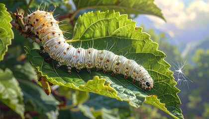 A detailed close-up of a caterpillar resting on a vibrant green leaf