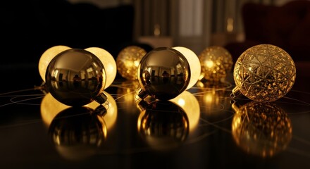 golden baubles reflecting light on a dark surface, creating a festive atmosphere