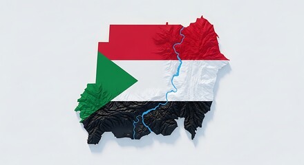 map of sudan with national flag colors, symbol of civil conflict, humanitarian crisis, and hope for peace.
