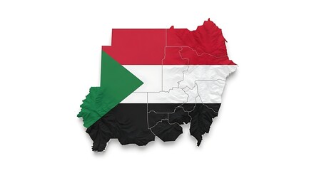 map of sudan with national flag colors, symbol of civil conflict, humanitarian crisis, and hope for peace.