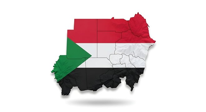 map of sudan with national flag colors, symbol of civil conflict, humanitarian crisis, and hope for peace.