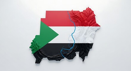 map of sudan with national flag colors, symbol of civil conflict, humanitarian crisis, and hope for peace.