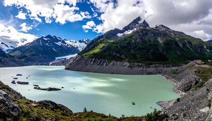 Breathtaking mountain lake vista beneath a cloudy sky with snow capped peaks