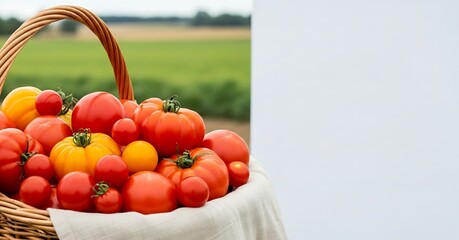 A basket overflowing with fresh tomatoes of various sizes and colors in a field setting outdoors