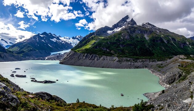 Breathtaking mountain lake vista beneath a cloudy sky with snow capped peaks