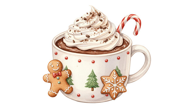 Cozy christmas mug filled with hot chocolate topped with whipped cream and candy cane - Powered by Adobe