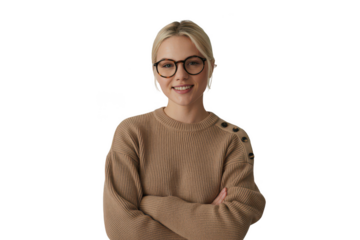 Young woman with glasses smiling isolated on transparent background