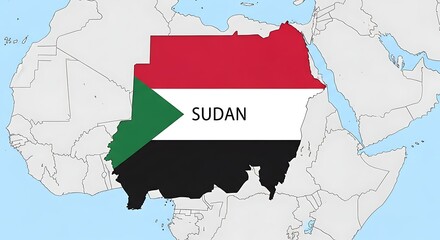 map of africa highlighting sudan with national flag colors and country name, geographic and political concept.