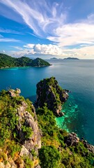 Breathtaking coastal view showcasing lush cliffs, turquoise waters, and distant islands