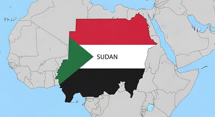 map of africa highlighting sudan with national flag colors and country name, geographic and political concept.