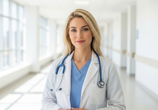 Confident female doctor in white lab coat with stethoscope in hospital hallway