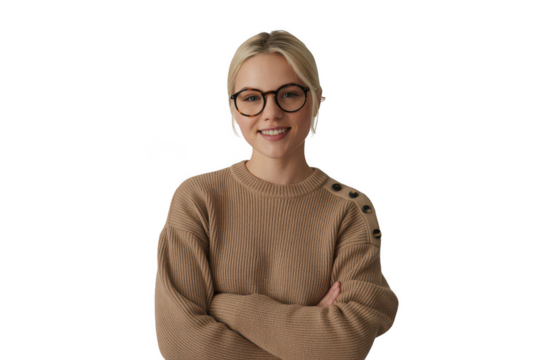 Young woman with glasses smiling isolated on transparent background