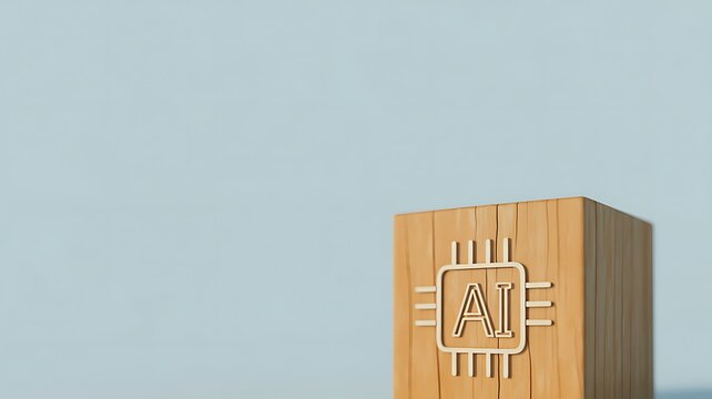 Artificial Intelligence AI Concept Depicted with a Wooden Block Featuring a Circuitry Design Against a Blue Background