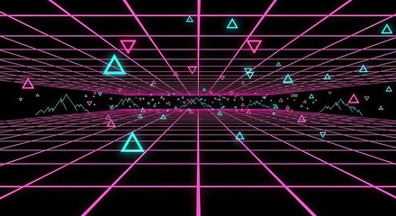 Retro neon grid with triangles and mountains in a cyber space