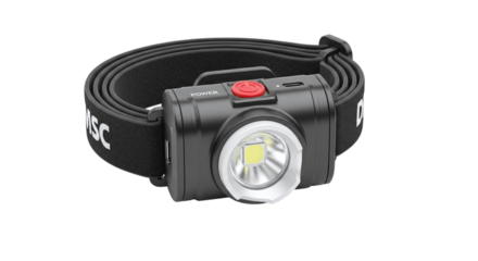 Compact black headlamp isolated on transparent background, providing handsfree illumination for outdoor adventures and emergency situations