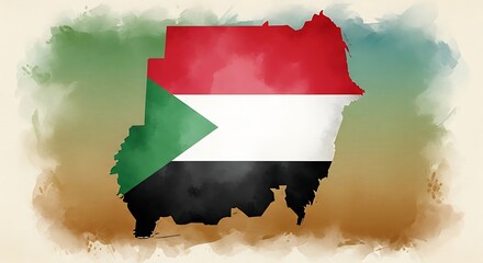 watercolor map of sudan with national flag colors, artistic illustration of african country.