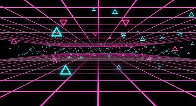 Retro neon grid with triangles and mountains in a cyber space