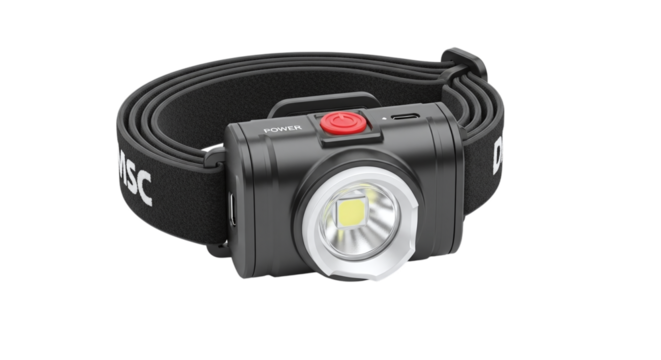 Compact black headlamp isolated on transparent background, providing handsfree illumination for outdoor adventures and emergency situations