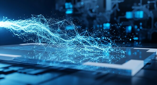 Abstract digital data flow network with glowing blue particles