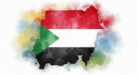 watercolor map of sudan with national flag colors, artistic illustration of african country.