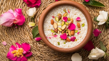 Traditional Pakistani kheer made with basmati rice and milk, garnished with sliced almonds, pistachios, and rose petals, served in a clay bowl on a woven mat.