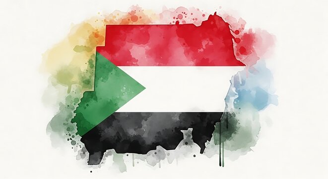 watercolor map of sudan with national flag colors, artistic illustration of african country.