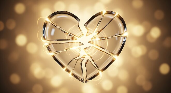 Shattered glass heart glowing from inside, dramatic emotional symbolism, heartbreak concept, warm light reflection, clean artistic background style.