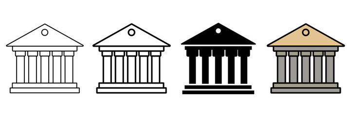 Set of minimalist classical building icons with transparent background, depicting financial institutions, government buildings, and educational centers, symbol of law and order, vector illustration