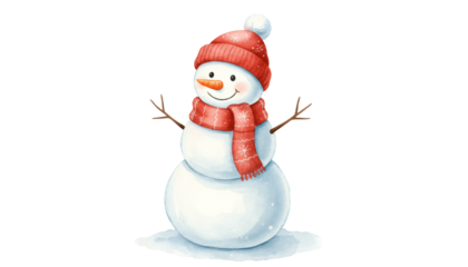 Cute watercolor snowman wearing a red hat and scarf on a  background