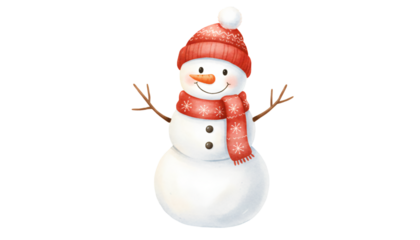 Cute watercolor snowman wearing a red hat and scarf