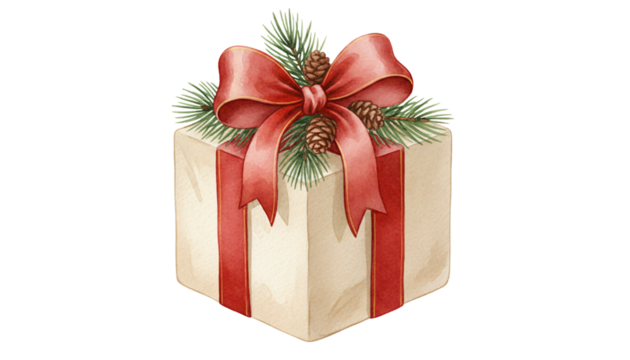 Festive christmas gift box tied with a red ribbon and pine sprigs