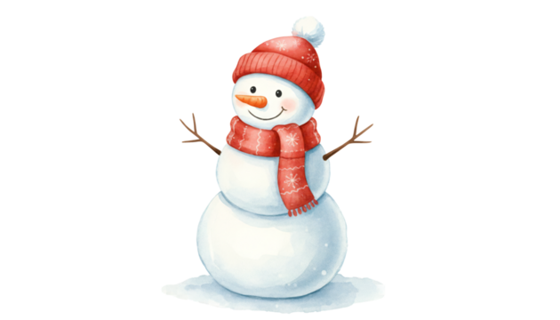 Cute watercolor snowman wearing a red hat and scarf on a  background