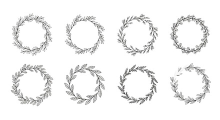 Fototapeta premium Set of eight hand-drawn botanical wreaths, nature-inspired decorative elements