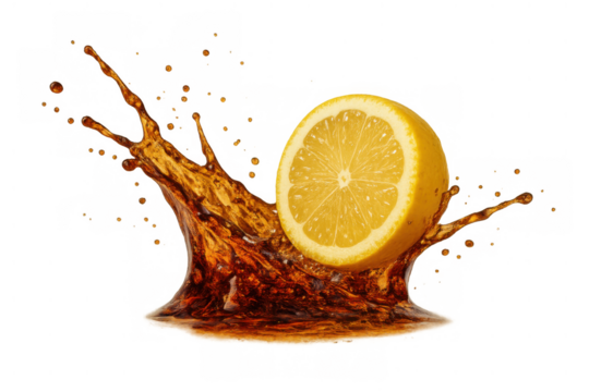 Half lemon slice splashing into refreshing brown liquid, creating dynamic motion and droplets on transparent background