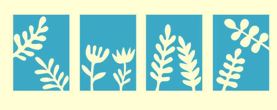 Set of cream flowers and leaves on a blue background. Organic Stylised Leaf-Silhouette Panel Set &mdash; Four Rectangular Botanical Frames, Seamless Foliage Wall Art, abstract fluid and organic shapes.