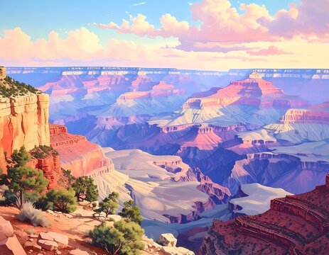 Stunning vista, a colorful canyon under a beautiful, pastel sky