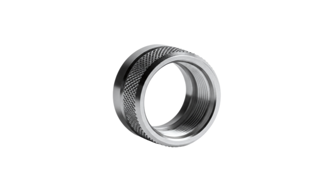 Closeup of a knurled metal ring with internal threads isolated on transparent background, showcasing its design and functionality for various applications