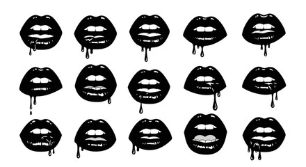 dripping black lips vector illustration set with various expressions