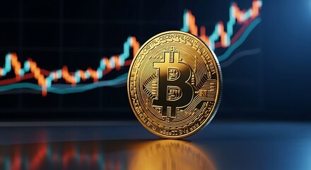 Gleaming digital currency token poised against a dynamic financial market graph illustrating upward trends and investment growth potential, reflecting global economic shifts