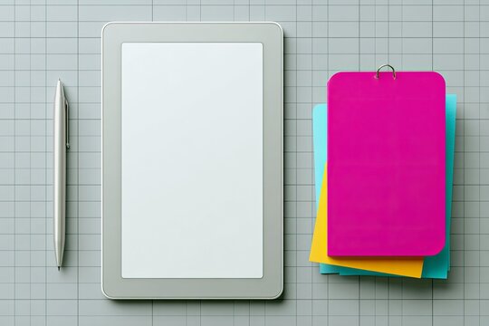 A modern digital tablet with a blank screen, a sleek silver pen, and a stack of vibrant sticky notes are arranged on a gray grid surface. - Powered by Adobe