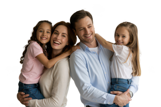 Happy family with two daughters isolated on transparent background