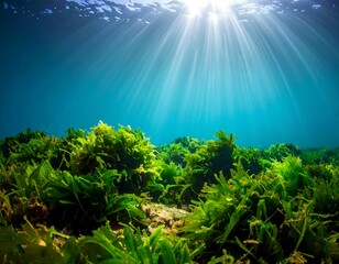 Sunlight streams through water onto vibrant underwater vegetation