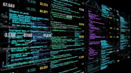 Code Matrix with abstract digital source of a computer program on virtual display animation statistics recording and data processing over black background seamless loop distortion, green screen - Powered by Adobe