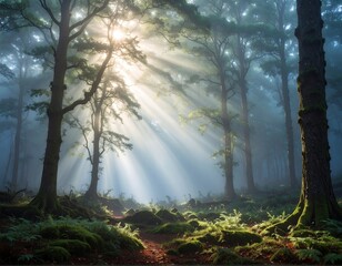 Sunlight streams through a misty forest, illuminating a path