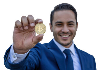 Man holding a bitcoin isolated on transparent background