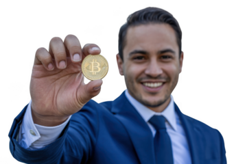 Man holding a bitcoin isolated on transparent background