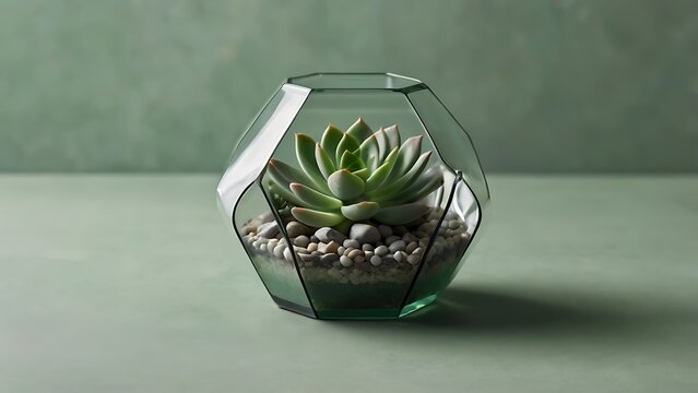 Geometric glass terrarium with a succulent plant on a green background, creating a modern and natural look