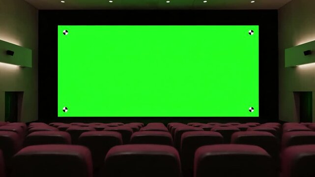 Green Screen Technology with beautiful wide in cinema hall moving through over the seats 3d animation lights and tracking points art concept 4k ultra hd 3840x2160 distortion, overlay, glitch, static