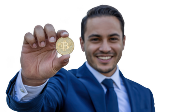 Man holding a bitcoin isolated on transparent background