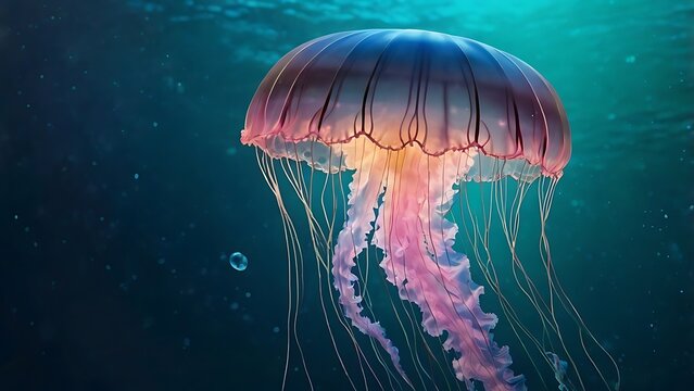 Jellyfish swimming in the deep blue sea with its tentacles trailing behind it underwater